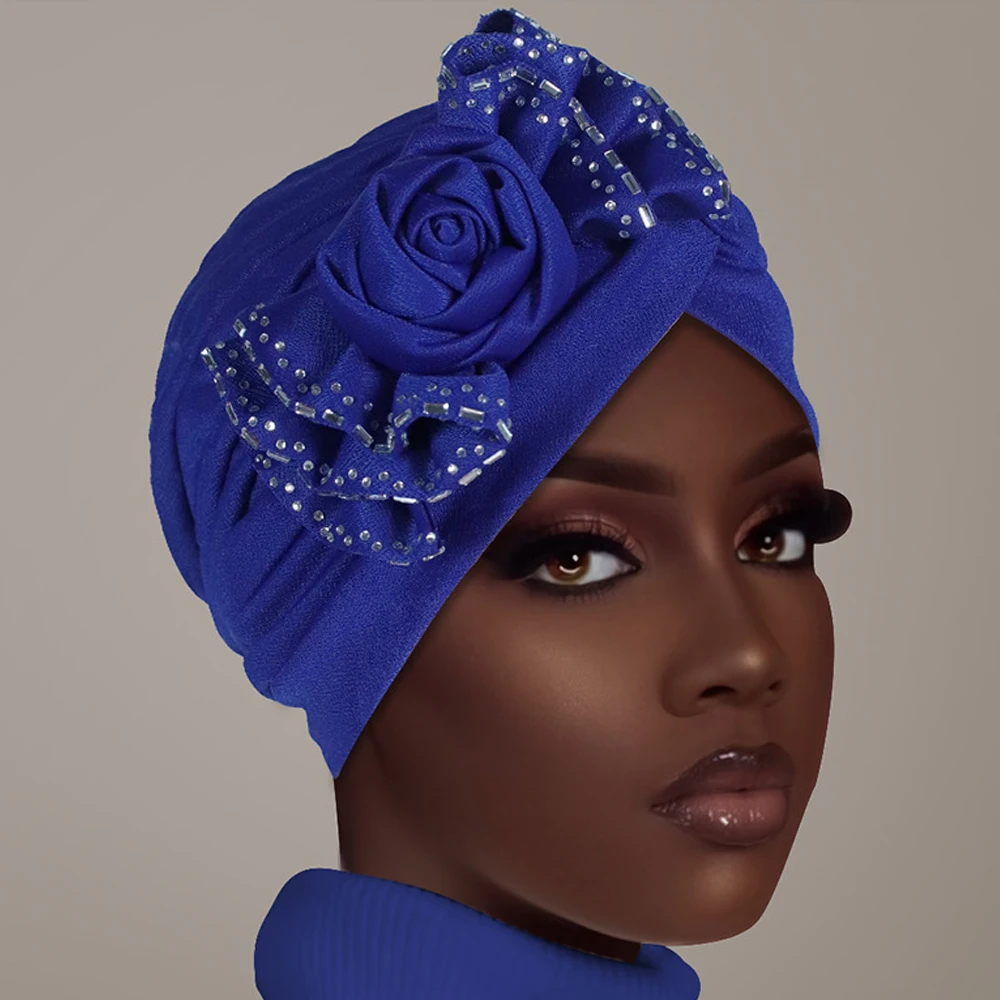 

African Women Flower Turban Muslim Hijab Diamonds Headscarf Bonnet Pleated Head Wrap Hair Loss Headwear Chemo Cap Turbante Mujer