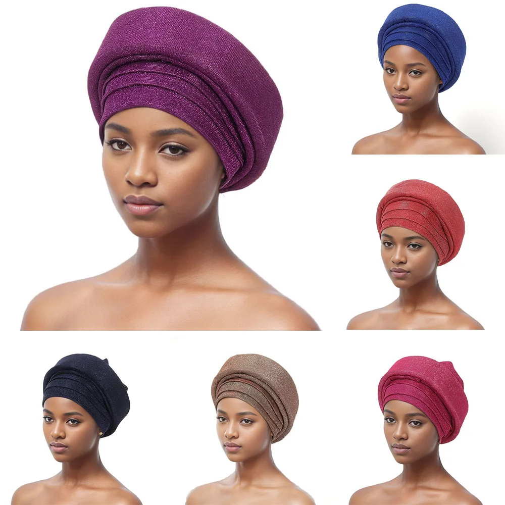 2024 Glitter Pleated Women Turban Cap Hijab African Auto Gele Headtie Female Head Wraps Nigeria Wedding Party Headpiece Turbante