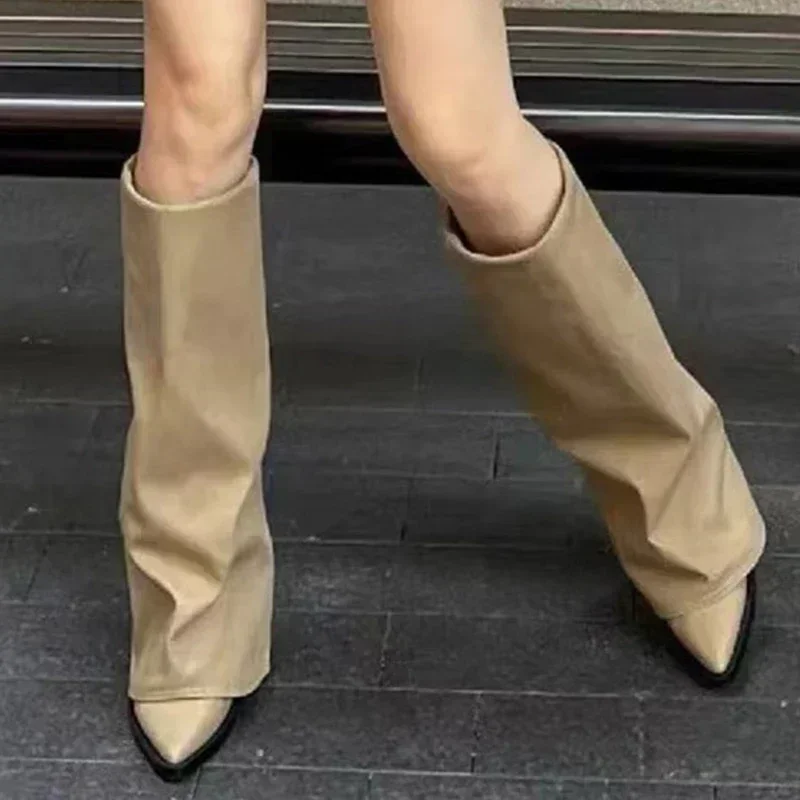 Knee High Heels Women Boots Leather Chunky Fashion Shoes Pointed Toe Snow Long Boots New Designer Pumps Punk Chelsea Botas Mujer image 5