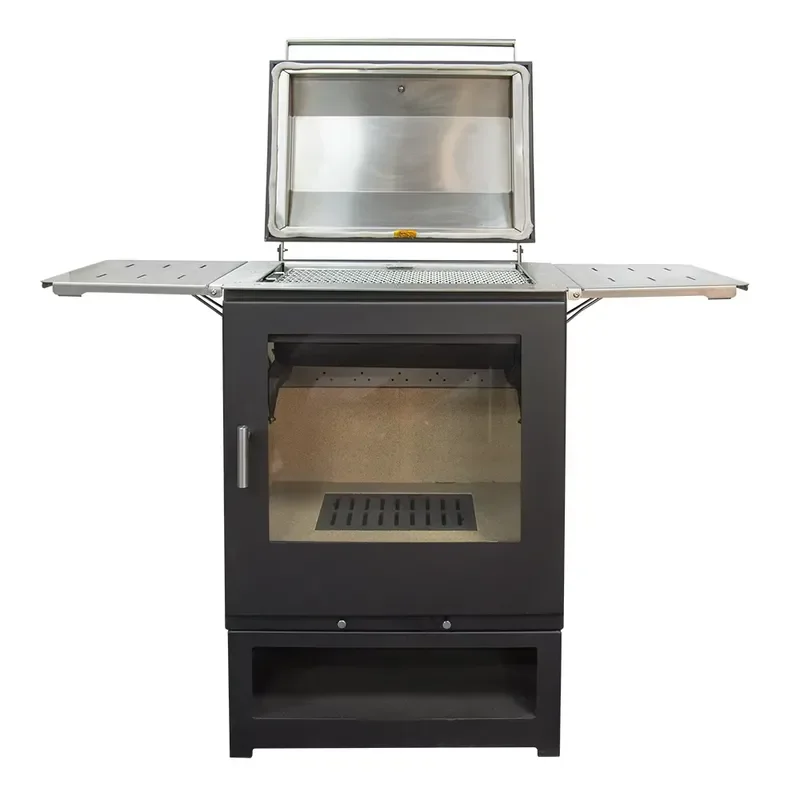 Outdoor Portable Wood Cooking Stove with Grill & Bake Oven Thermometer Movable Bottom Steel Construction