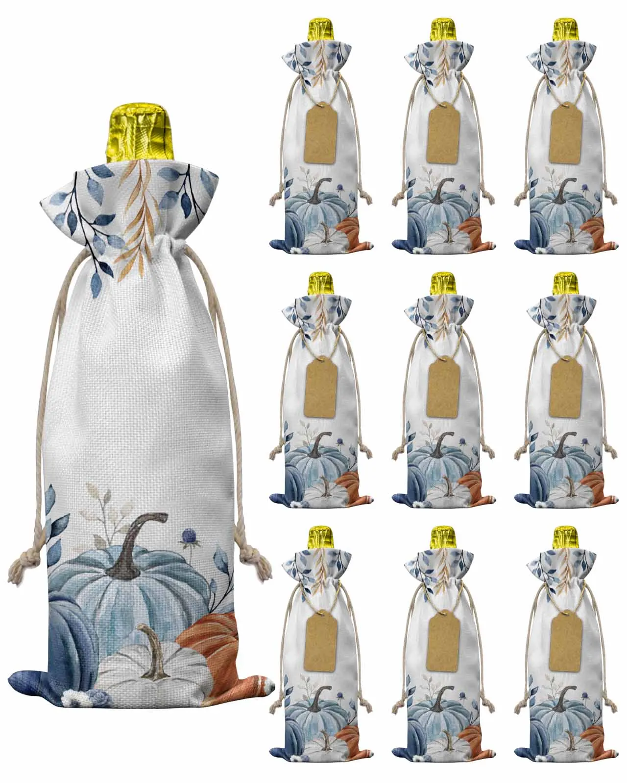 10pcs Autumn Eucalyptus LeavesWine Bottle Bag with Drawstring Festive Party Decor Wine Bottle Covers Gift