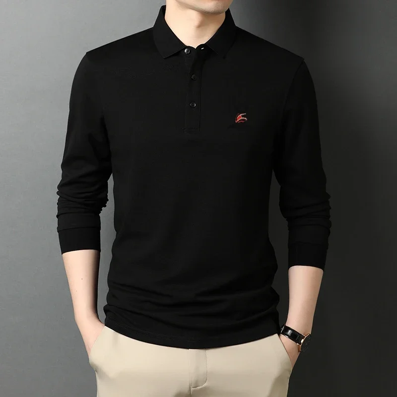 New Men\'s Casual Embroidery Long Sleeve Polo Shirt Fashion Solid Color Top