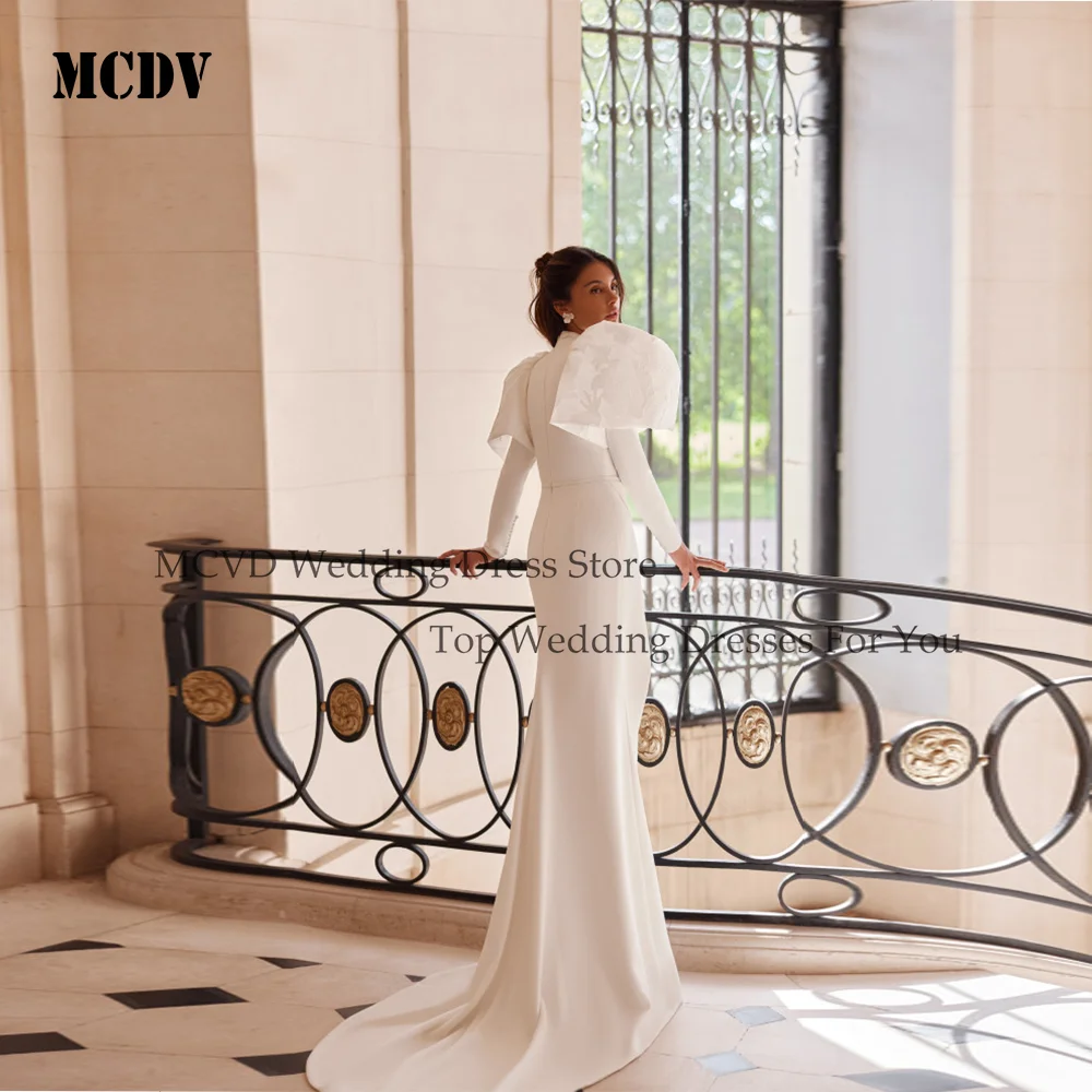 MCDV Modest Wedding Dress With Sleeves Mermaid Bride Gowns 2026 High Neck Applique Side Split Satin Sweep Train Customized