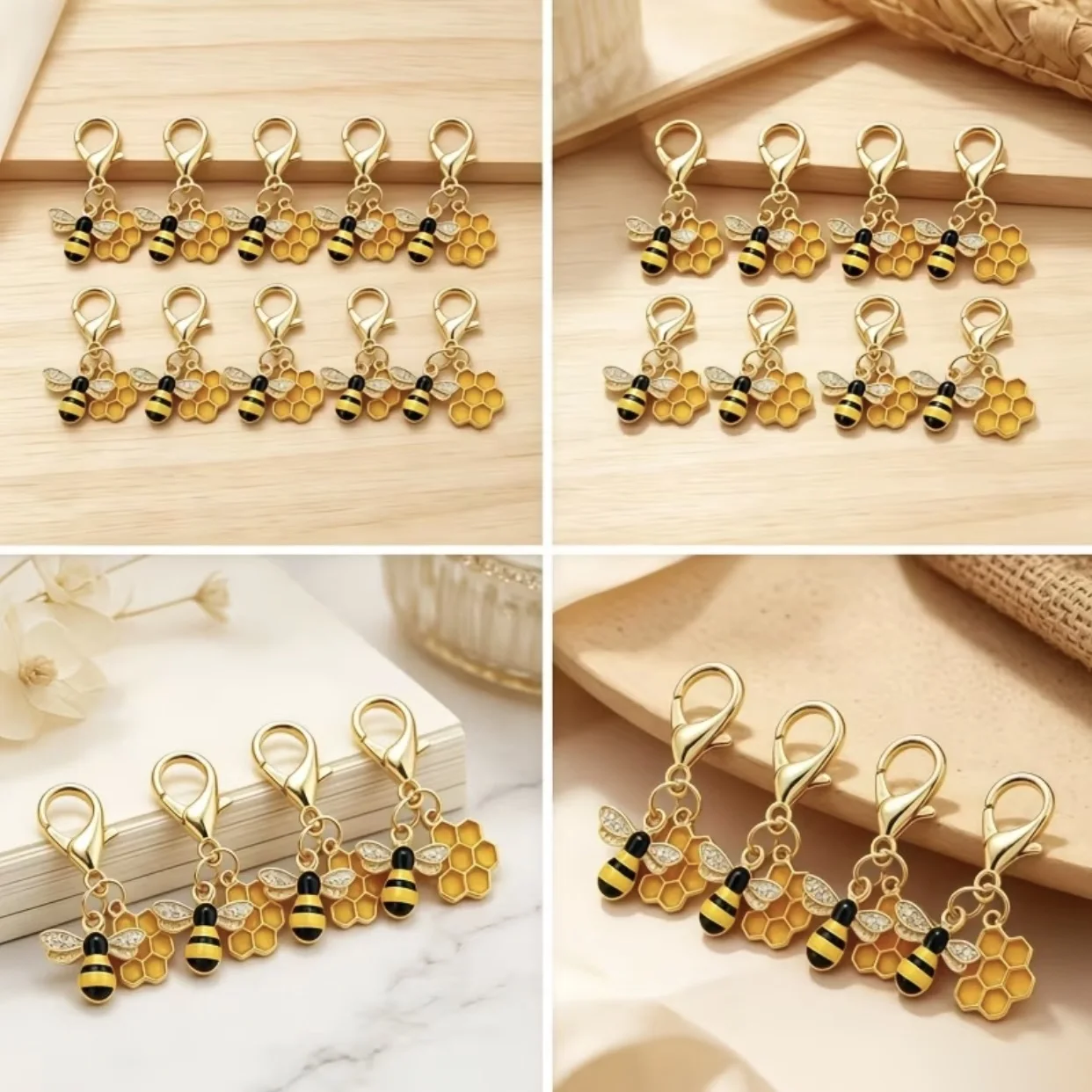 1/10 Stück Zinklegierung Bienen-Waben-Anhänger mit Karabinerverschluss, Emaille-Bienen-Anhänger, Taschen-Schlüsselanhänger, DIY-Schmuckherstellungszubehör, Geschenk – Detail 2