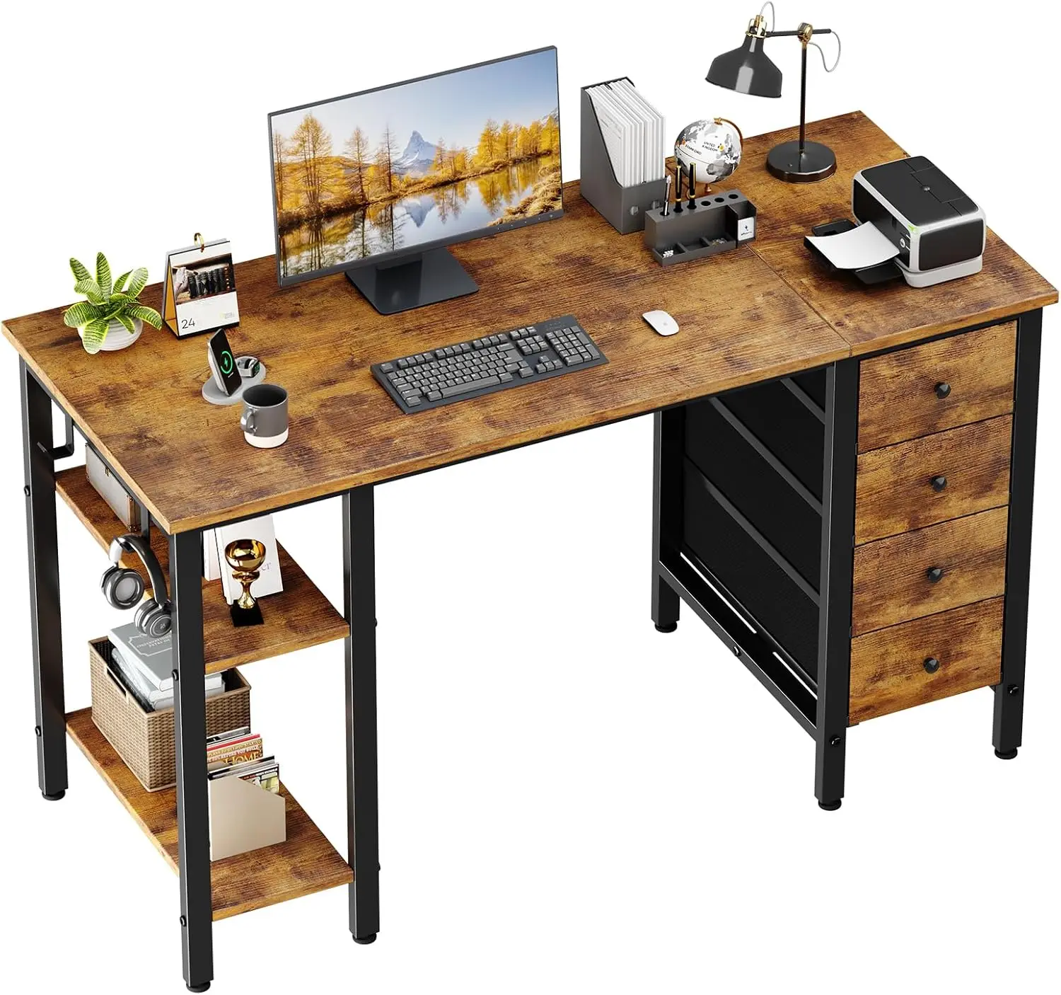 Lufeiya-Mesa do computador com prateleiras de armazenamento, Escrita Mesa Estudo Trabalho, Home Office, Quarto, Brown rústico, 4 gavetas, 47"