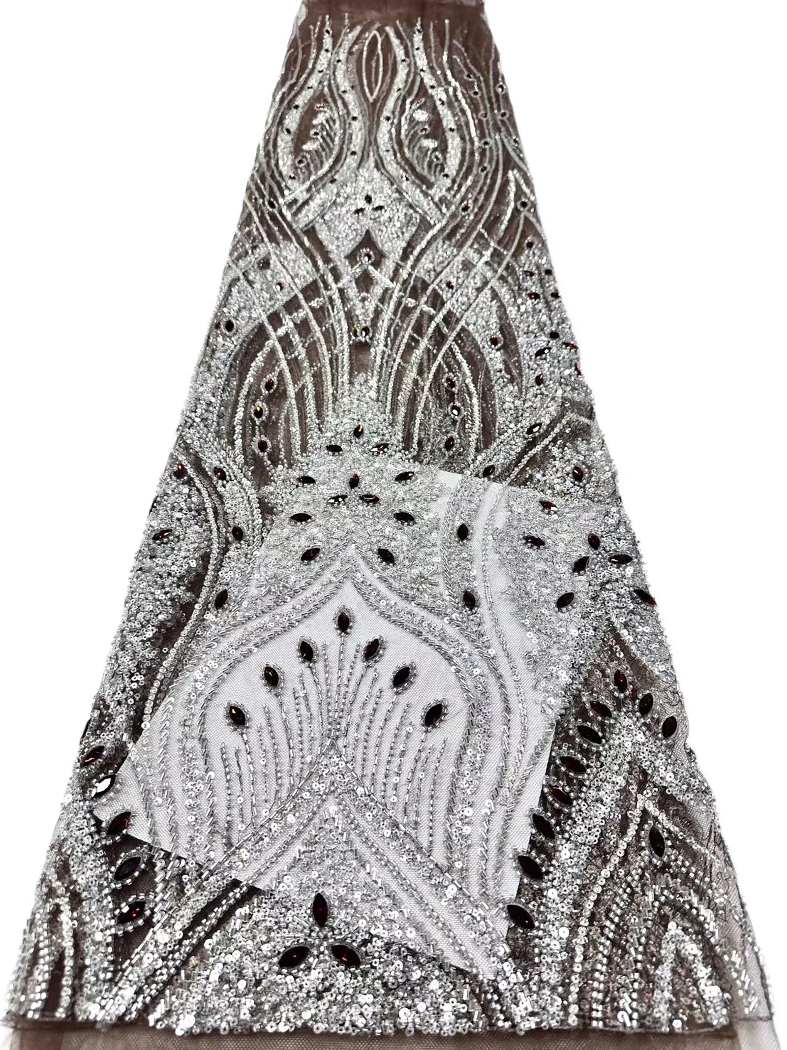 5 Yards rosa modischer nigerianischer Perlen-Stein-Tüll-Spitzenstoff, afrikanischer Pailletten-Netzstoff zum Nähen von Brautkleidern – Detail 23