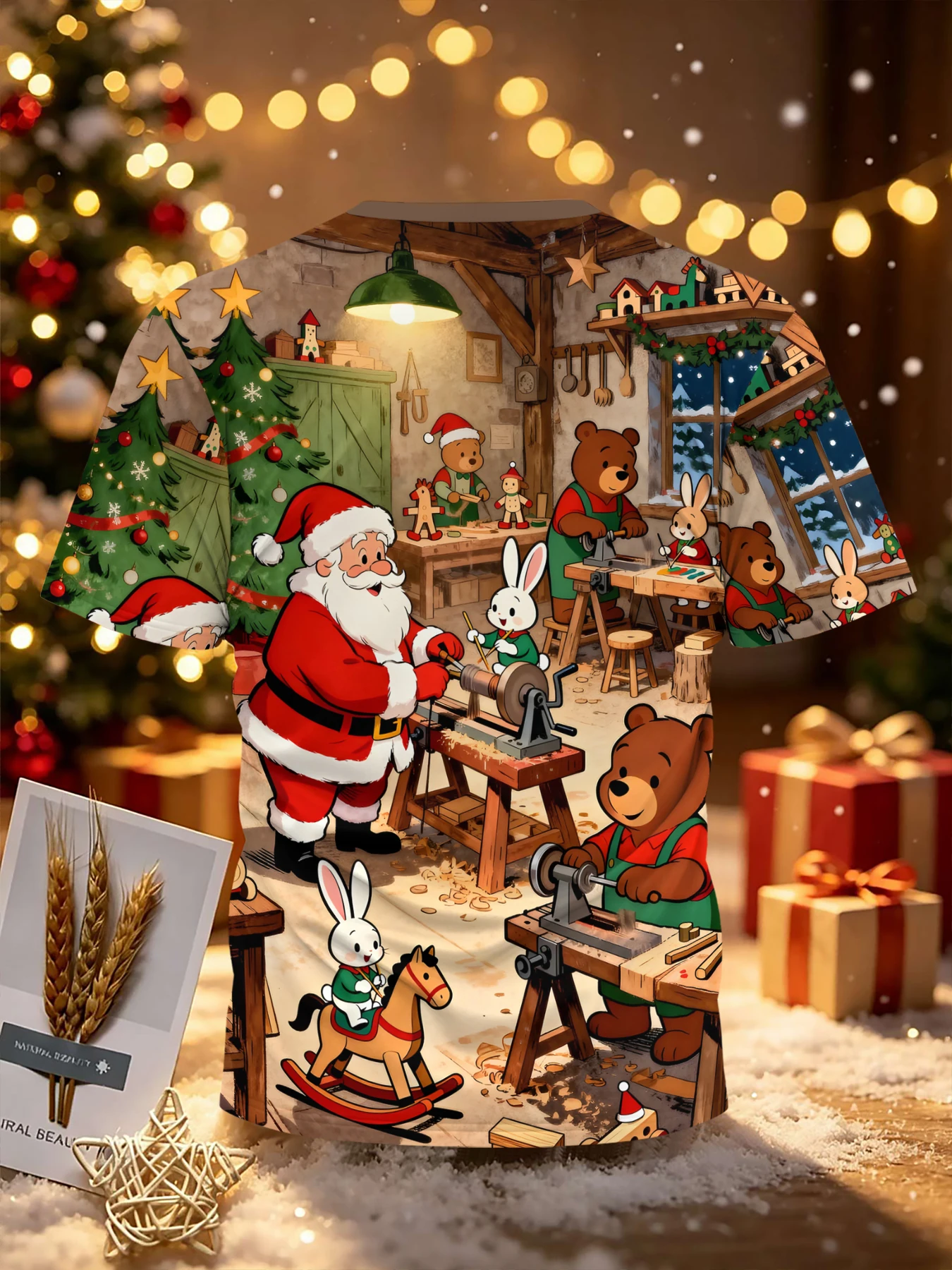 Men's Christmas-Themed 3D Printed Short-Sleeved T-Shirt, Santa's Workshop Cartoon Bear and Rabbit Pattern Round-Neck Top, Casual Loose Breathable Short-Sleeved Shirt, Creative Visual Print Men's Clothing for Christmas Holiday Parties and Outings