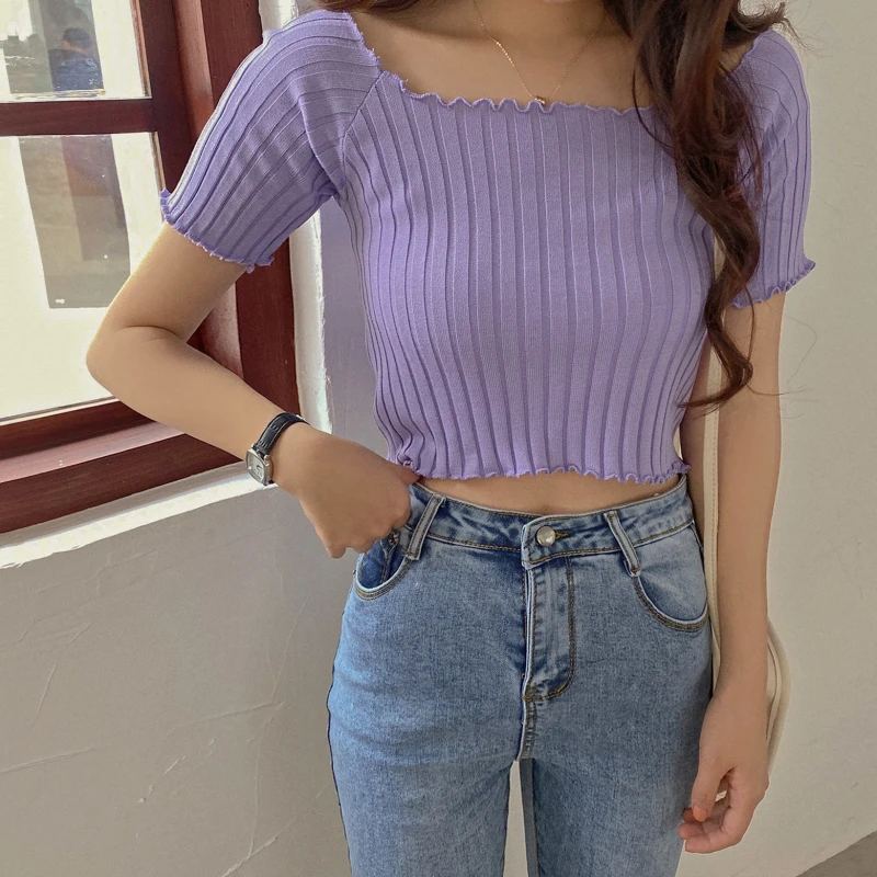 Women Off shoulder T-shirts Solid Tops Summer Women Summer Ruffles Hem Tees Short Sleeve Knit Crop Top Women 2023 Summer