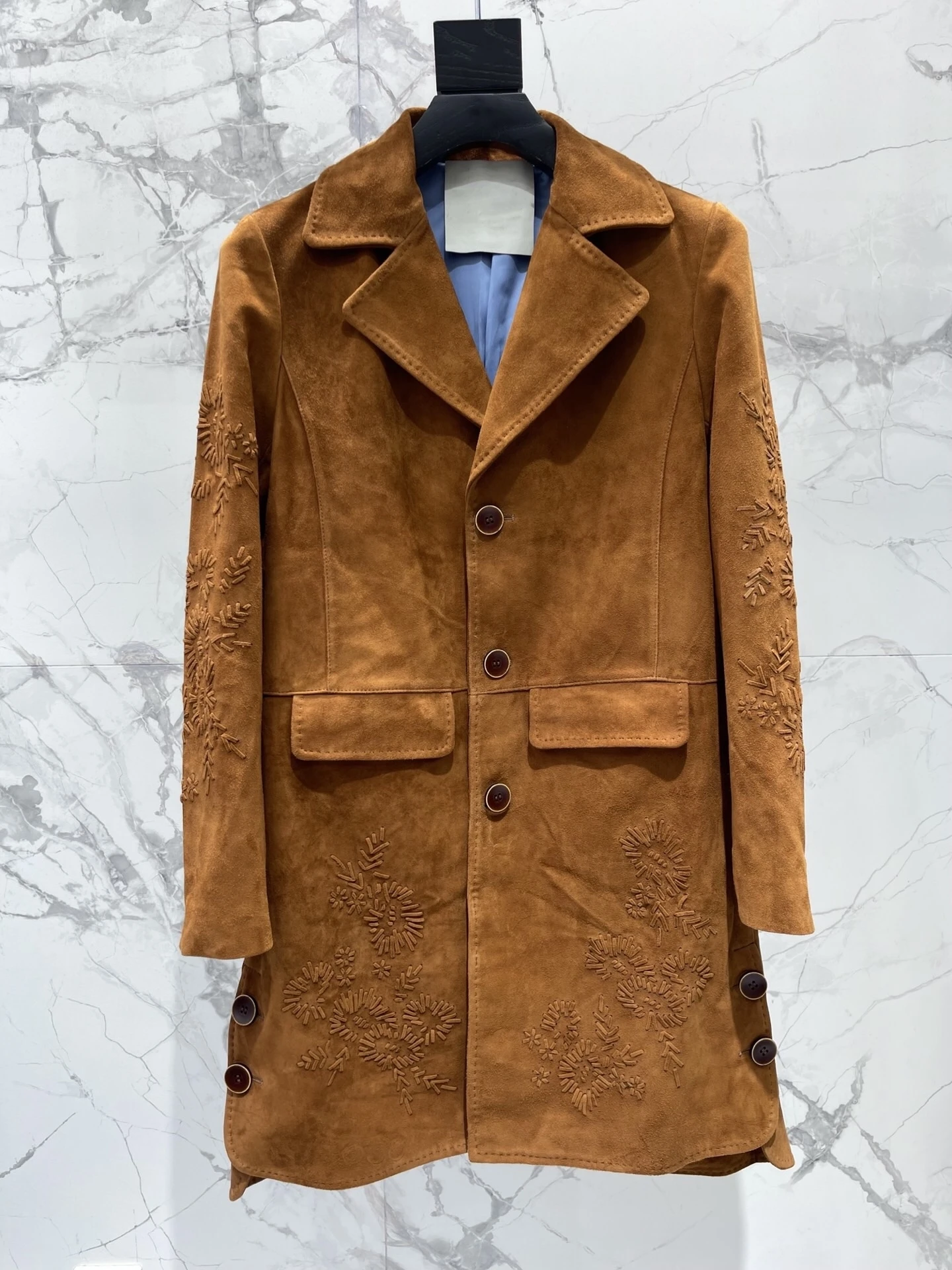 Women Luxury Brown 100% Lambskin Trench Coat Handmade Embroidery Single Breasted Vintage Suede Leather Jacket For Party Daily