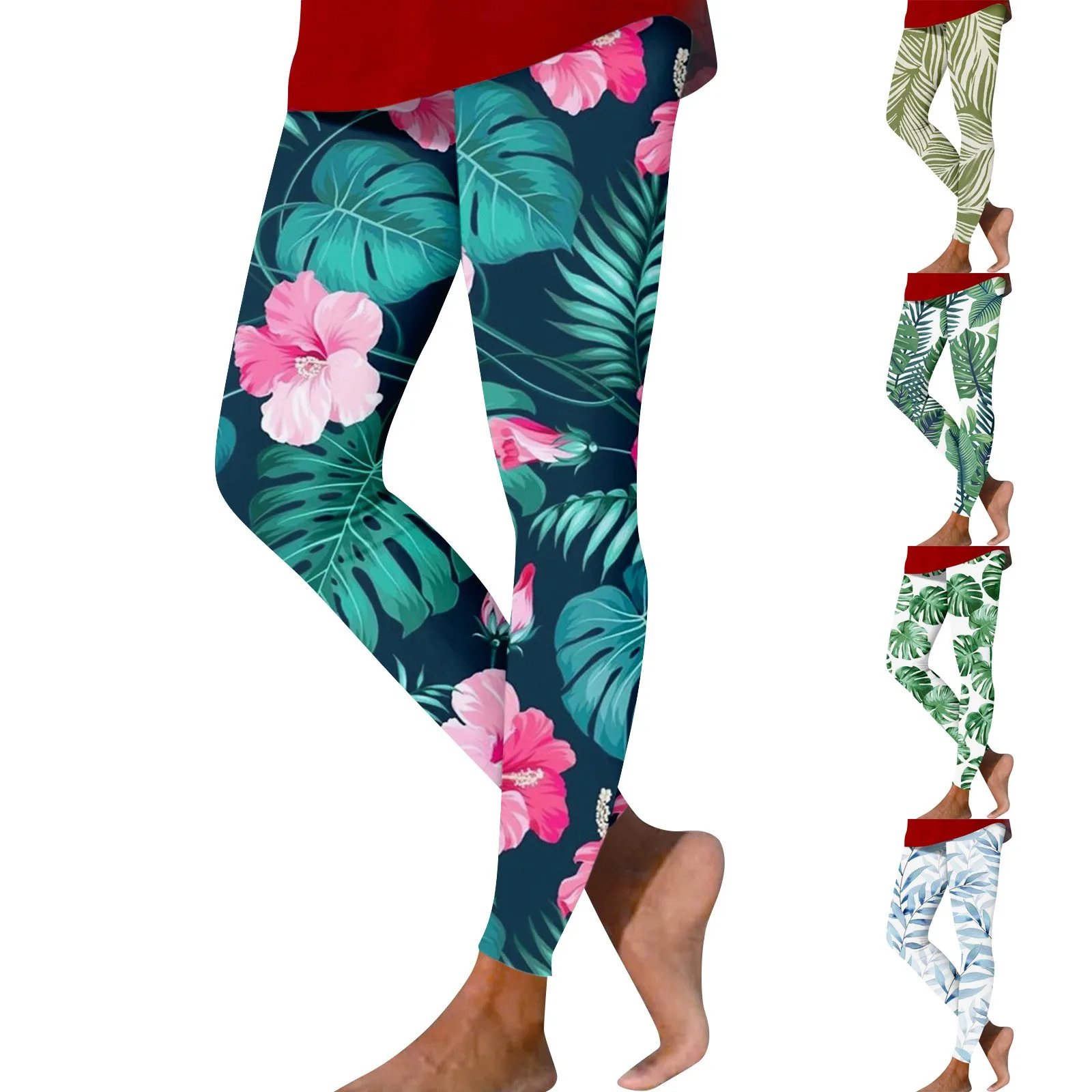 Women'S Stretch Yoga Pants Retro Flower Leaf Printed Casual Fashion Leggings Pants Daily Regular Sports Fitness Slim Fit Pants