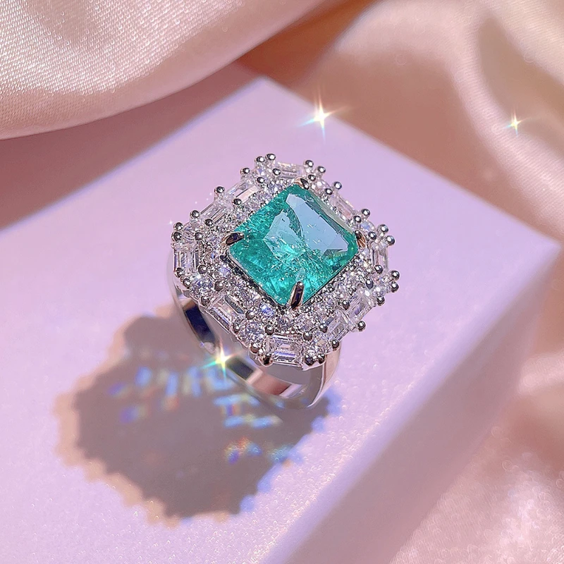 Classic Fashion 925 Silver Jewelry Set Emulates Paraiba Geometric Square Gem Necklace Light Luxury Birthday Anniversary Jewelry