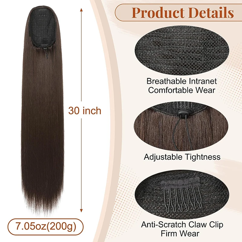 30 Inch Drawstring Black Ponytail Long Straight Clip in Ponytail Hair Extension Synthetic Natural Hairpiece Pony Hair for Women