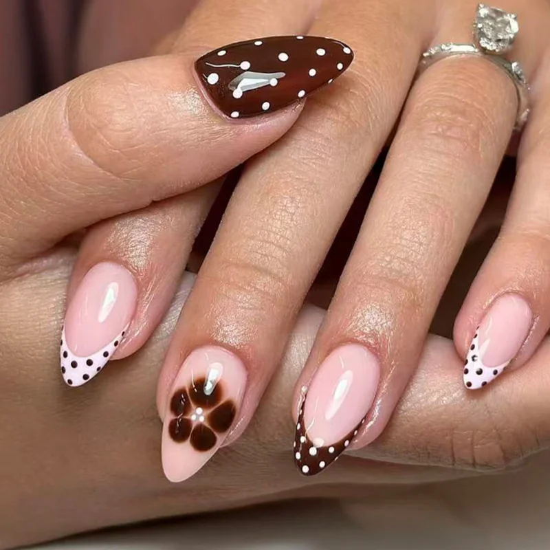 24개/세트 탈부착 가능한 중간 길이 물방울 모양 프렌치 포인티드 인조 손톱 프레스온 매니큐어 랩 데코레이션 네일 익스텐션