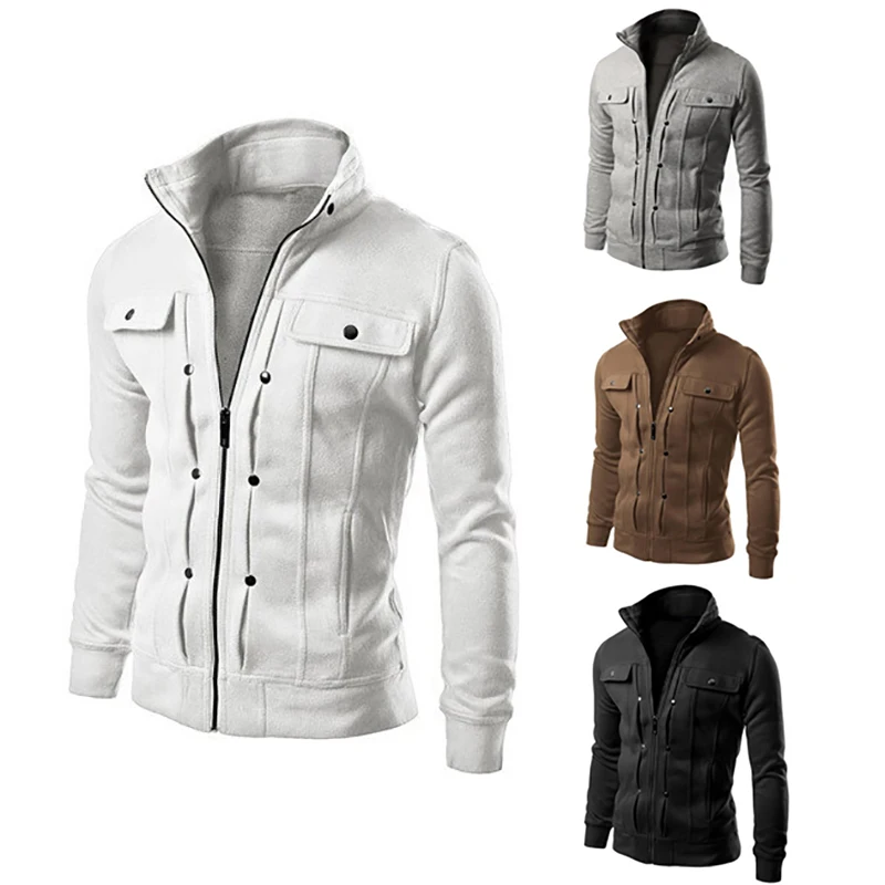 2024 Cardigan Sweater Men Casual Jackets Standing Collar Zipper Sweatshirt Outdoor Streetwear Casual Long Sleeve Coats Clothes