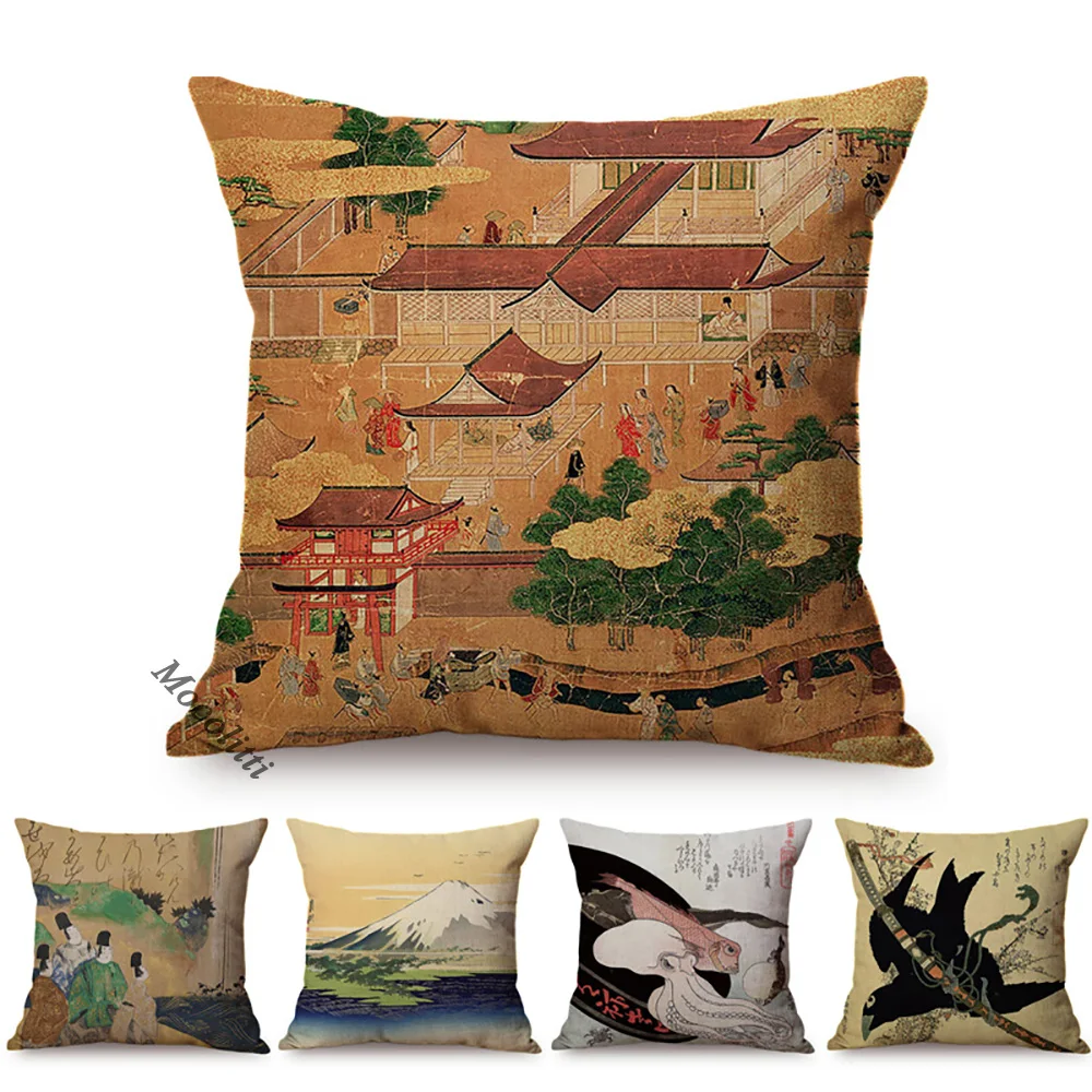 

Japan Painting Vintage Style Home Decoration Sofa Throw Pillow Cases Japanese Classical Abstract Art Cotton Linen Cushion Cover