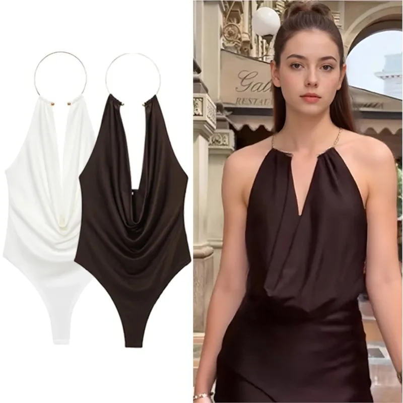 

Brown Bodysuit For Women Summer 2025 New Sexy Backless Sleeveless Jumpsuits Tops Fashion Ruched Ring Halter Neck Body Suits