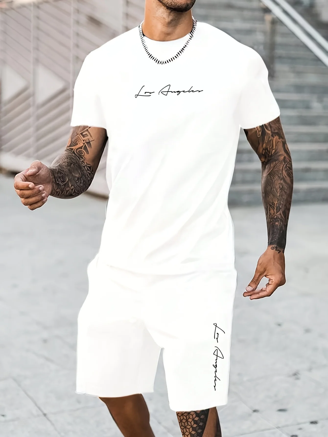Pop Men's 100 Cotton T-shirt Set, Casual Oversized Set, Los Angeles Letter Pattern Print, Lightweight And Breathable Texture
