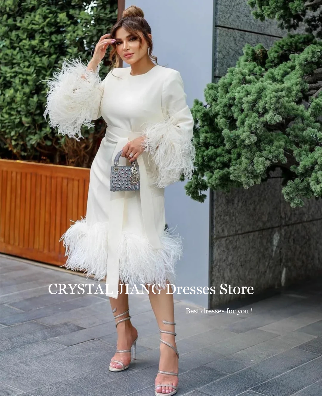 Short O Neck Crepe Evening Dressesفساتين السهرة Full Sleeves with Feathers Sheath Tea Length vestidos de gala mujer