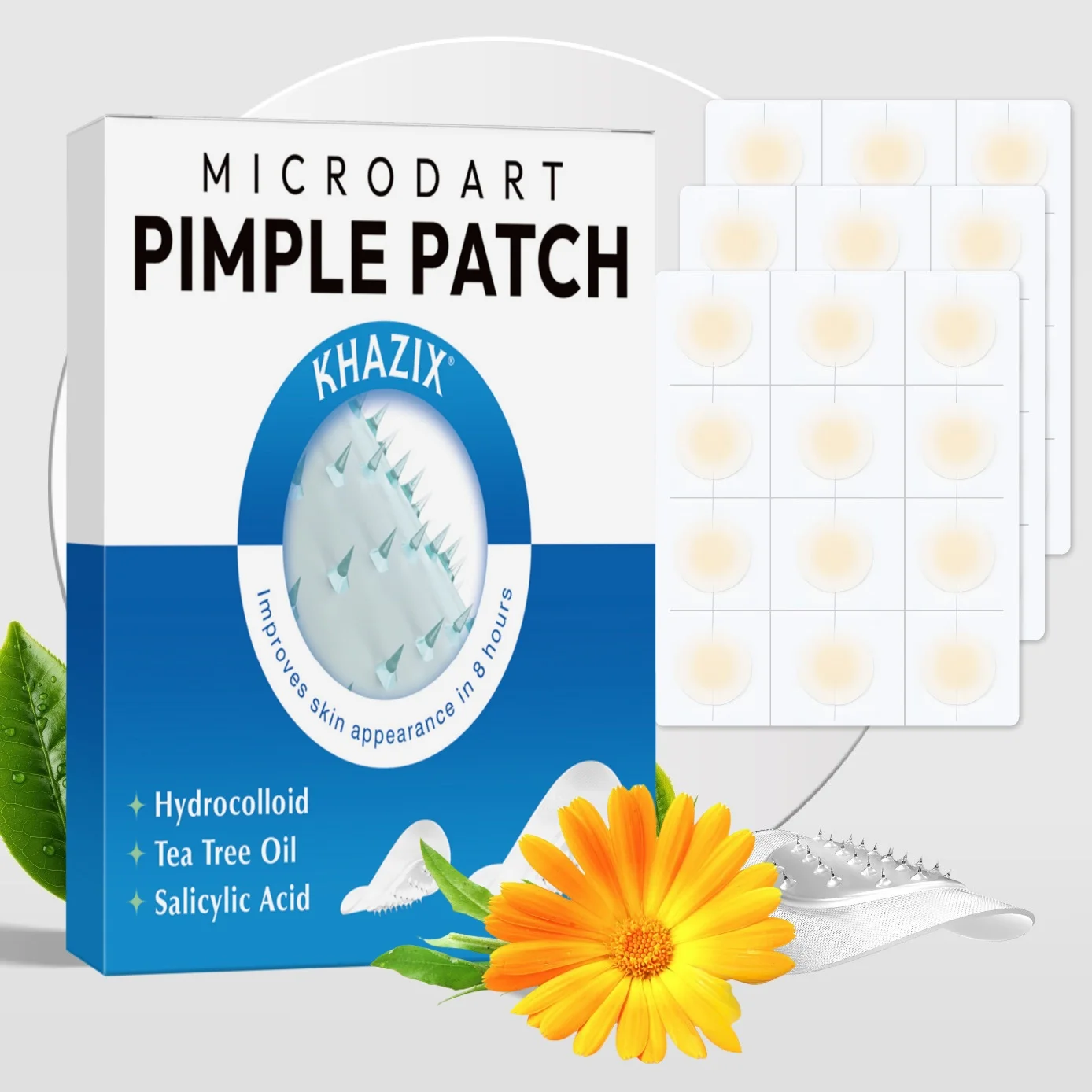 Microneedle acne patch, used to cover blemishes and conceal acne. The microneedles are shorter than 3 millimeters.