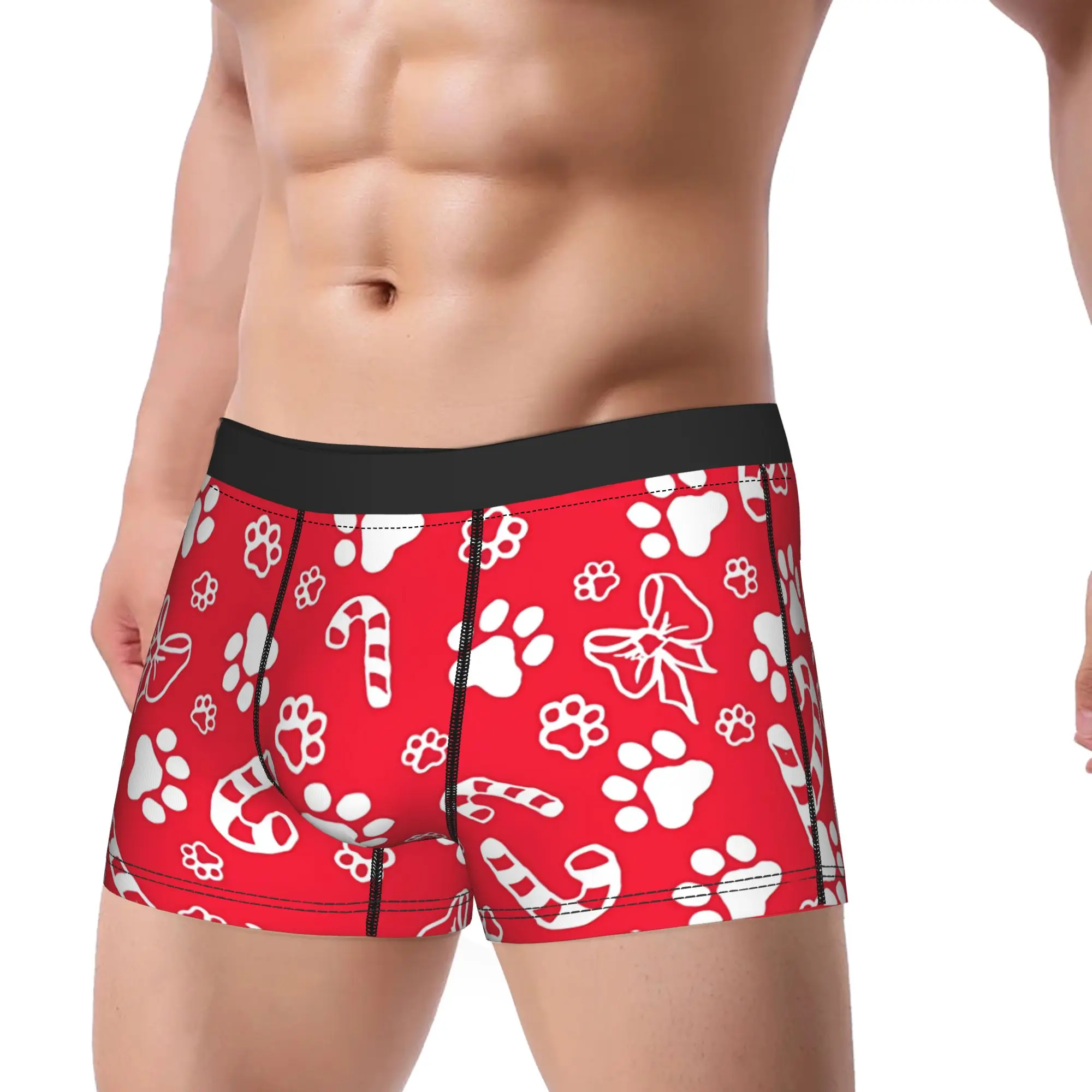 Men's Christmas Candy Cane Paw Long Underwear  Funny Boxer Briefs Shorts Panties Male Soft Underpants M-XXL