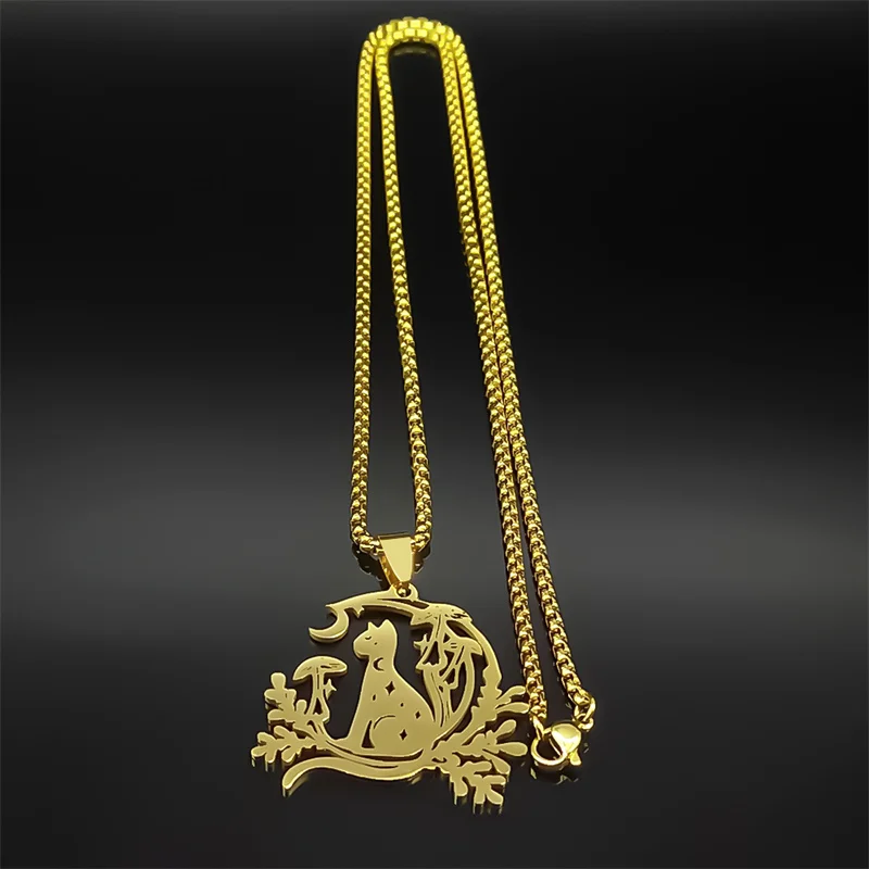 جميل القط مع القمر ستار الفطر قلادة قلادة للنساء الرجال الفولاذ المقاوم للصدأ الذهب اللون الحيوان النبات سلسلة مجوهرات هدية