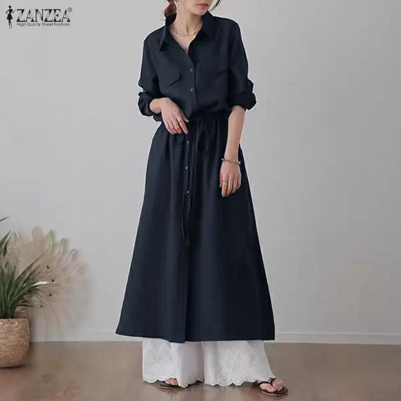 ZANZEA المرأة قميص طويل فستان الخريف ملابس علوية بأكمام طويلة للربيع الرباط عالية الخصر فيستدو التلبيب موضة عادية الصلبة حفلة ميدي رداء