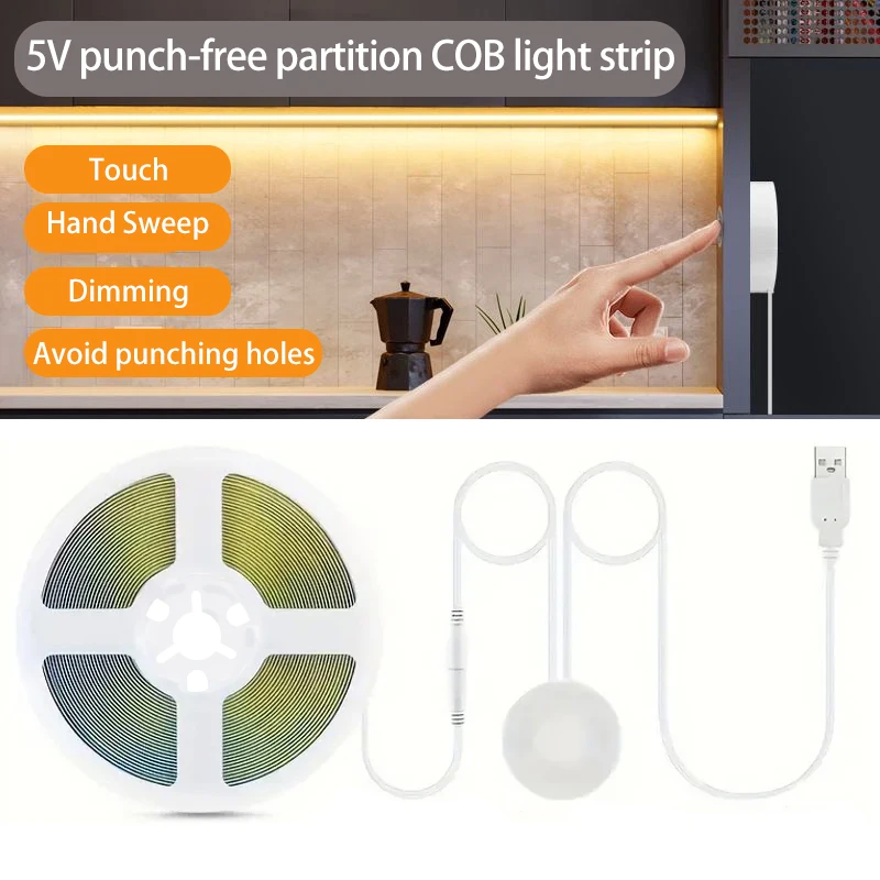

USB 5V COB LED Strip with Hand Motion Sensor & Touch Dimmer, 320 LEDs/M Flexible Light Tape for Cabinet Decor