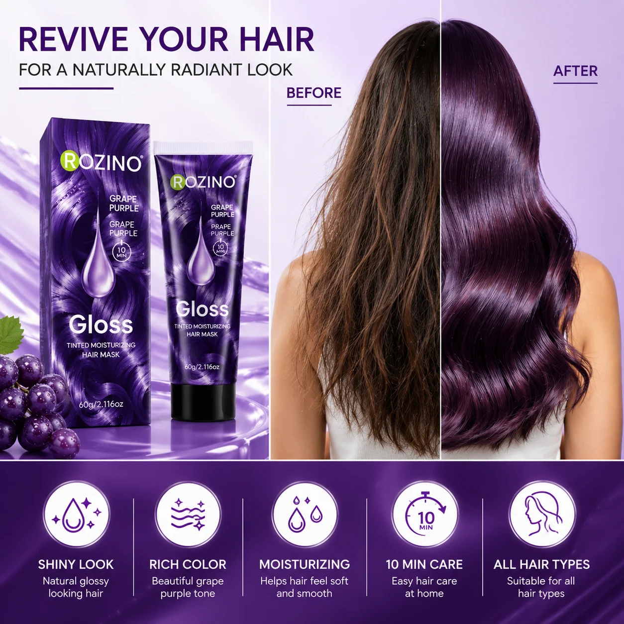 ROZINO Grape Purple Dyeing Moisturizing Hair Mask has a dense, soft texture that can evenly adhere to the hair strands. Rich in nourishing ingredients, it can repair dry and frizzy hair after dyeing, improve split ends and dryness, and simultaneously lock in the grape purple hair color's shine. After applying and letting it sit, rinse with water, leaving hair soft and smooth. It is suitable for daily color protection and moisturizing care for grape purple dyed hair.