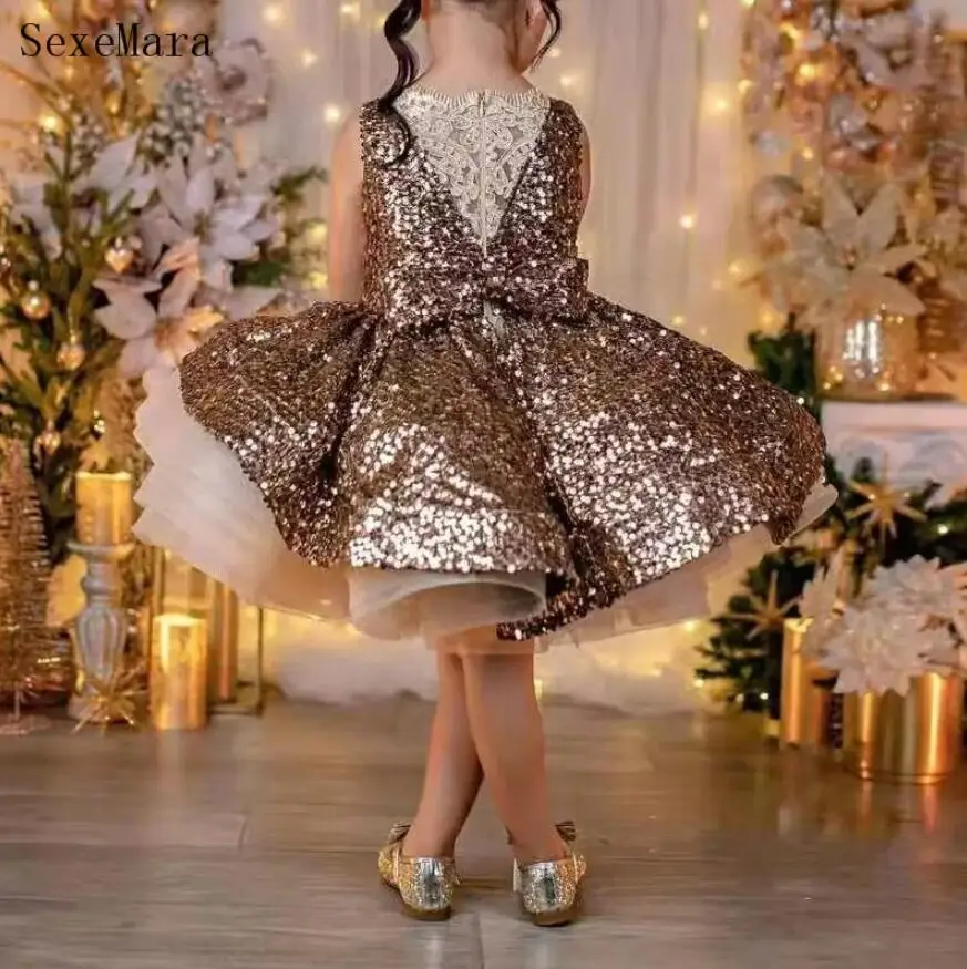 Cute Golden Sequined Top Baby Girl Dress Infant Tutu Dress Princess Birthday Party Gown New Year Kid Ceremony Dress