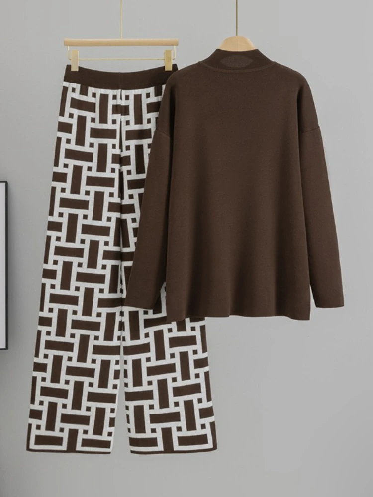 2025 New Simple Letter Knitted Loose T-shirt Sports and Leisure Wide Leg Pants Knitted Fashion Two Piece Set for Women