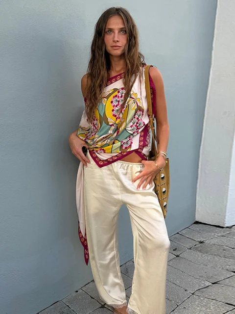 Women Off Shoulder Scarf Print Top Asymmetrical Hem Satin Fashion Blouse 2026 Summer Boho Elegant Vacation Casual Fashion Tops