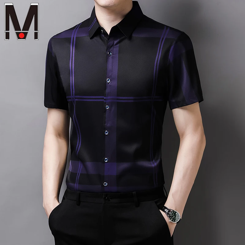 New Men's Casual Striped Short Sleeved Lapel Shirt for Summer Fashion Comfort Wrinkle Resistant and Ironless Top