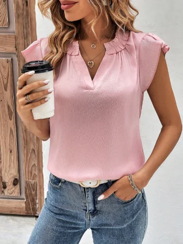 솔리드 컬러 v 넥 반팔 플리츠 프릴 여성 티셔츠 루즈 캐주얼 우아한 통근 스타일 여름 탑