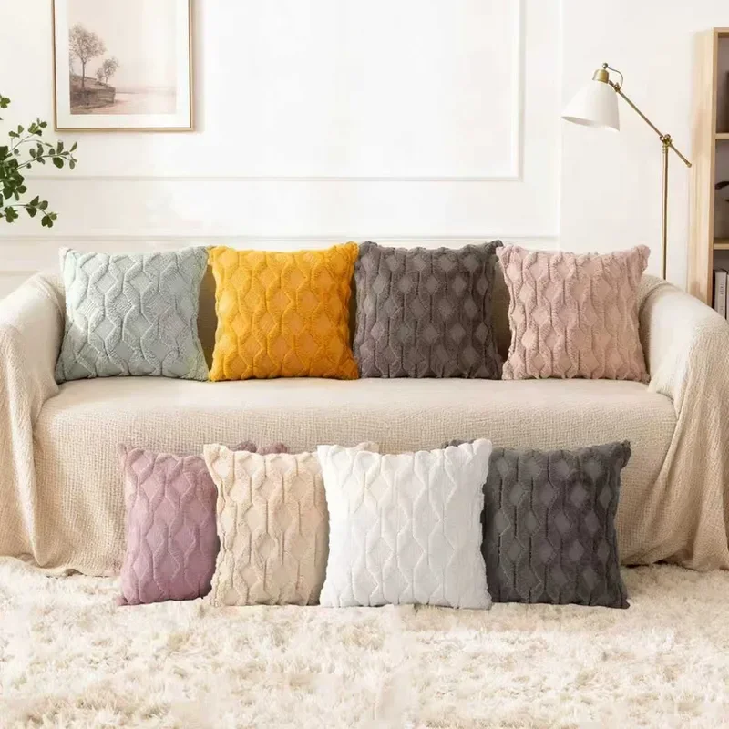 Cross-border Amazon simple solid color pillow cover rhombus plush waist cushion pillow living room sofa bedside pillow