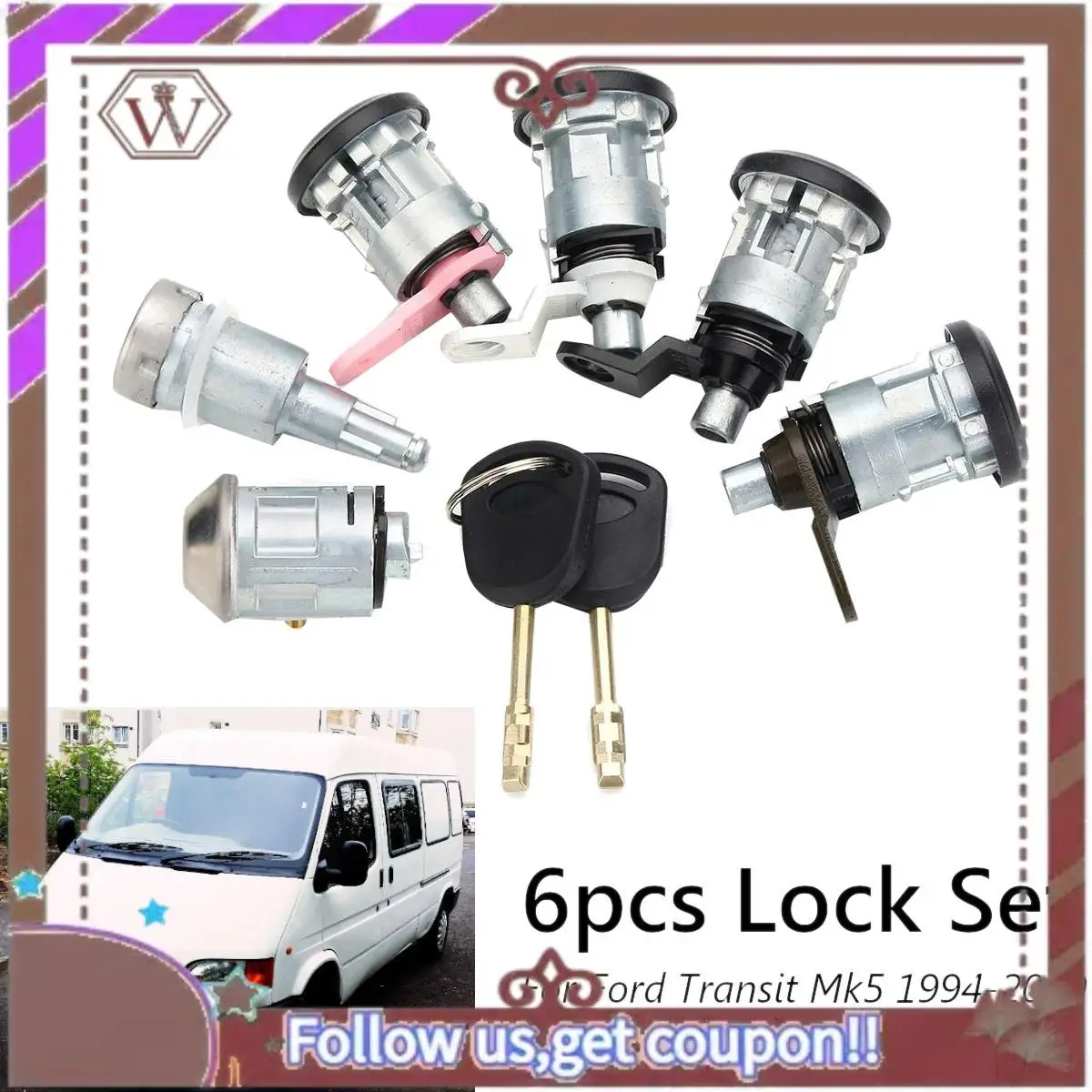 

A57E-6Pcs Front Rear Door Ignition Full Left Right Lock Set With 2 Keys For Ford Transit Mk5 1994-2000