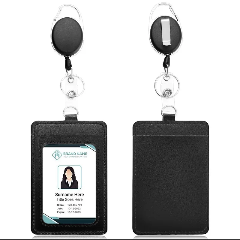 Funda de cuero PU para tarjeta de trabajo, funda para licencia de trabajo, soporte para insignia, cordón negro para etiqueta de identificación, Clip para tarjeta de Personal, correa para el cuello