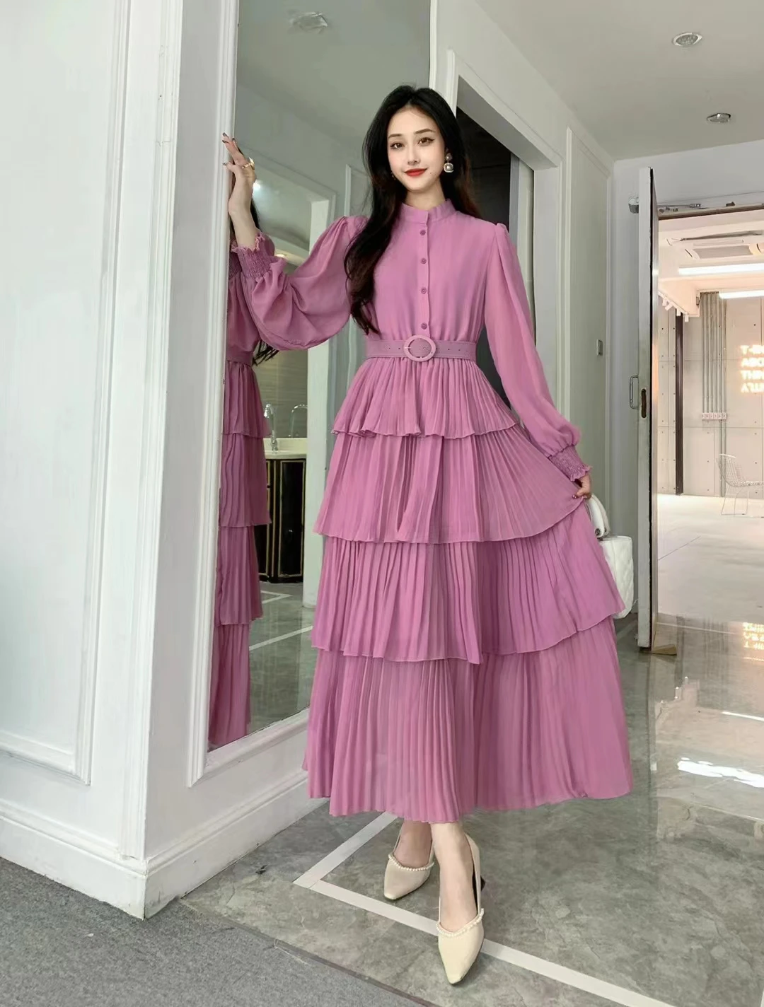 2024 New Spring Autumn Women Long Sleeve Belt Slim Long Dress High Quality Sweet Pleated Cake Hem Evening Party Dress