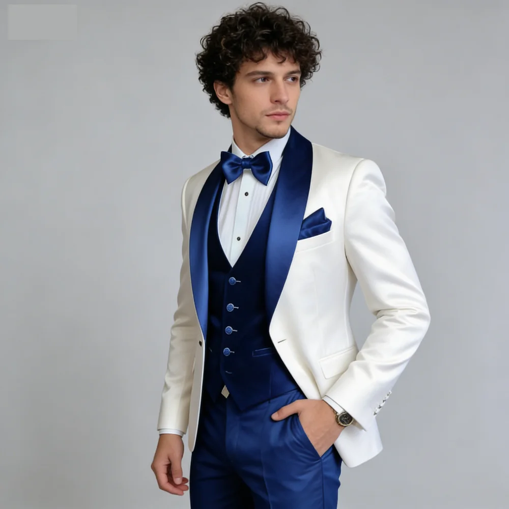 

Customized Men's 3-Piece Tuxedo with Scarf Lapel Smoking Suit Wedding Groomsmen Formal Party Blazer Ternos Masculinos