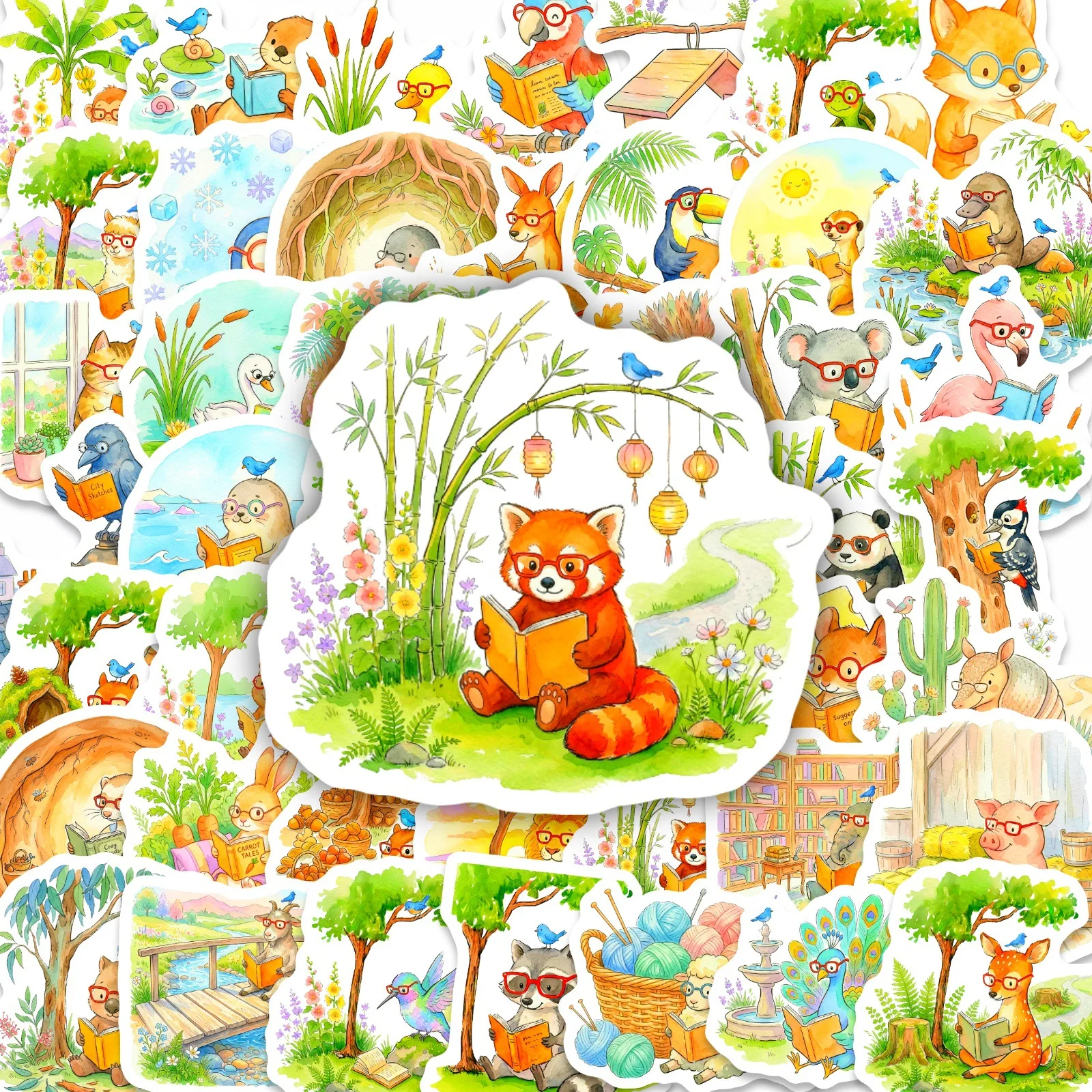 50-Pack Outdoor Waterproof Cartoon Animal Reading Stickers Healing Watercolor Decals for Luggage Notebook