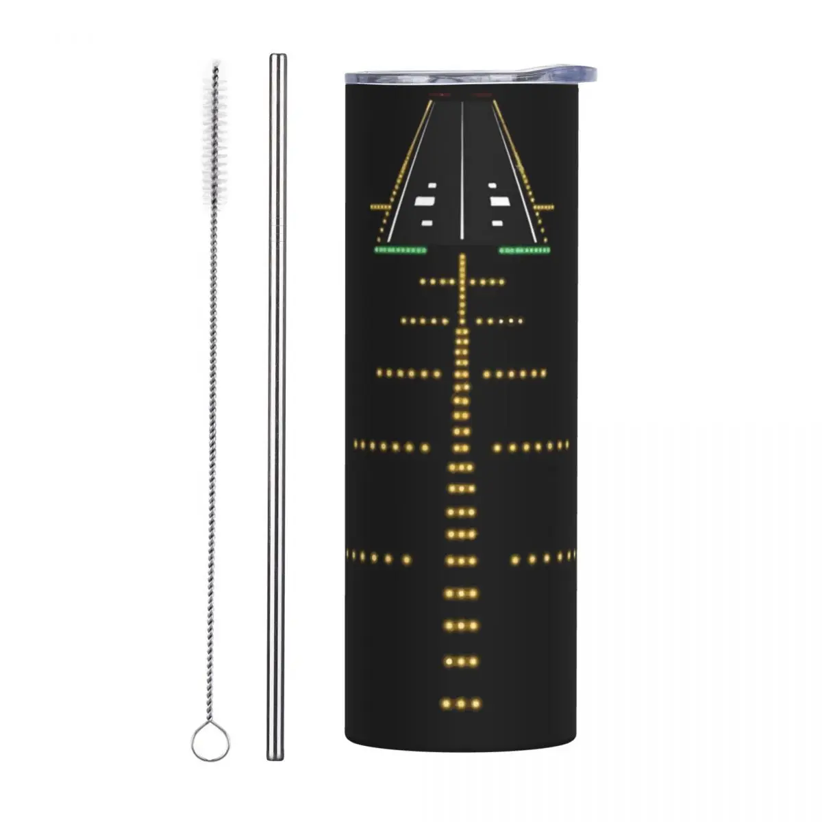 Runway Night View Aviation Airport Lights Stainless Steel Tumbler Vacuum Insulated Mug Thermal Cold Cup Straw With Lid 20oz