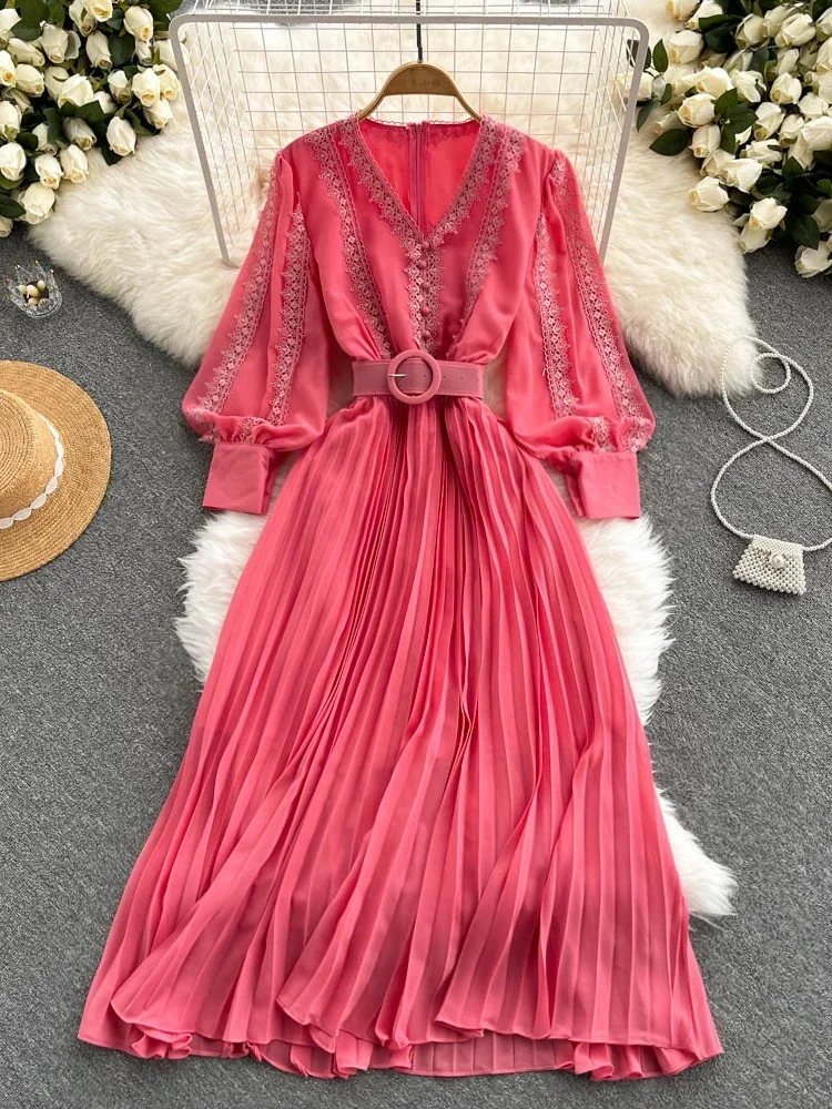 

Women Lace Patchwork Pleated Chiffon Long Dress Autumn Winter Red/Black/Blue Draped Party Vestidos With Sashes Female Robe 2021