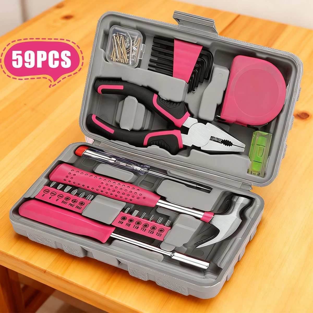 

59Pcs Pink Women'S Toolbox General Household DIY Tool Set. Pink Ladies' Indispensable Hand Tools