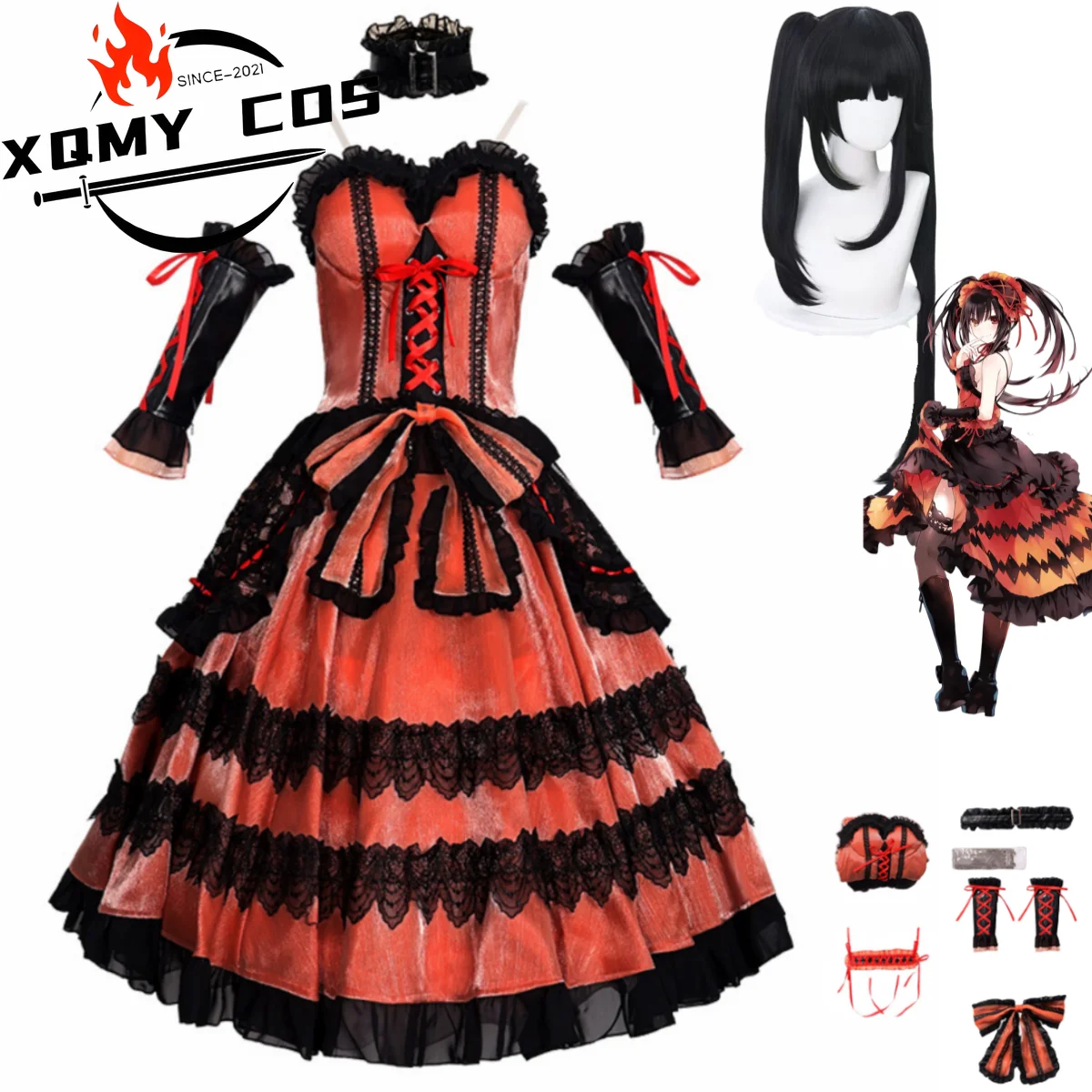 

XqAnime Date A Live Tokisaki Kurumi Nightmare Cosplay Costume Red Princess Dress Lolita Skirt Wig Woman Sexy Masked Ball Suit