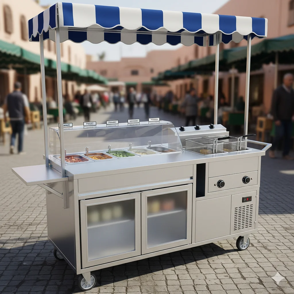 Modern Outdoor Food Cart Canopy Mobile Kitchen Street Food Vending Refrigerated Display & Dual Fryer Station Production Line
