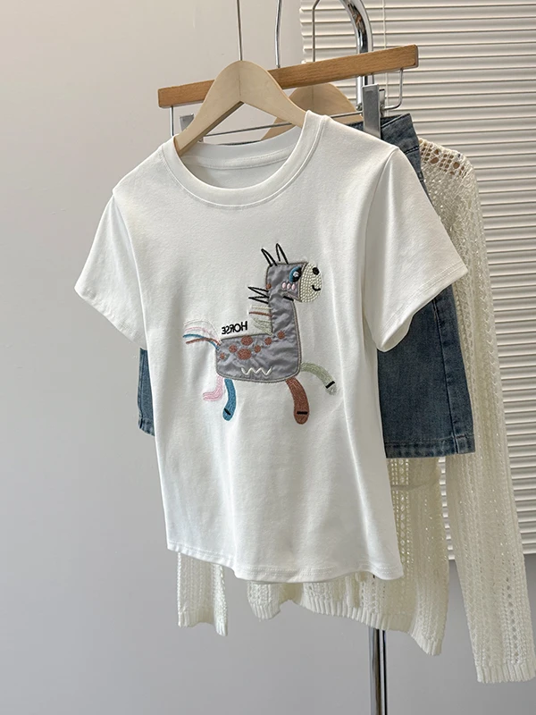 

Summer Fashionable Short Sleeve T-Shirt And Blue Denim Skirt Two-Piece Set Women's Vivacious Age-Defying Outfit Cotton C...