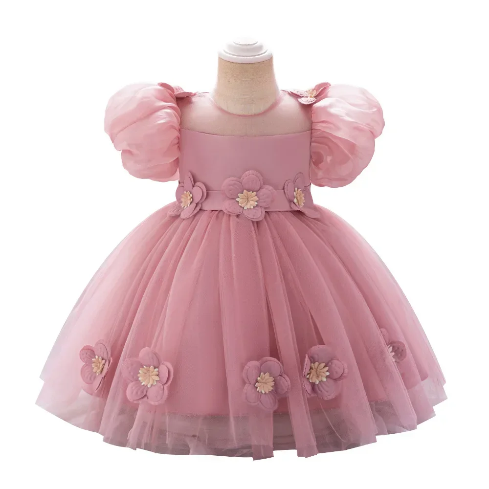 Toddler Girls Party Dress Puff Sleeve Flower Girl Princess Bridesmaid Dresses Tulle Infant Baby 1st Birthday Wedding Gown 0-3Y