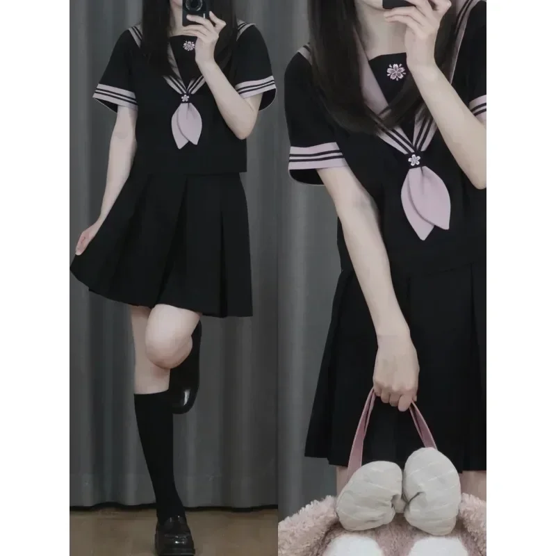 Jirai kei uniforme escolar para mulheres doce preto e branco terno de marinheiro manga curta topo feminino conjunto de duas peças novo verão 2025