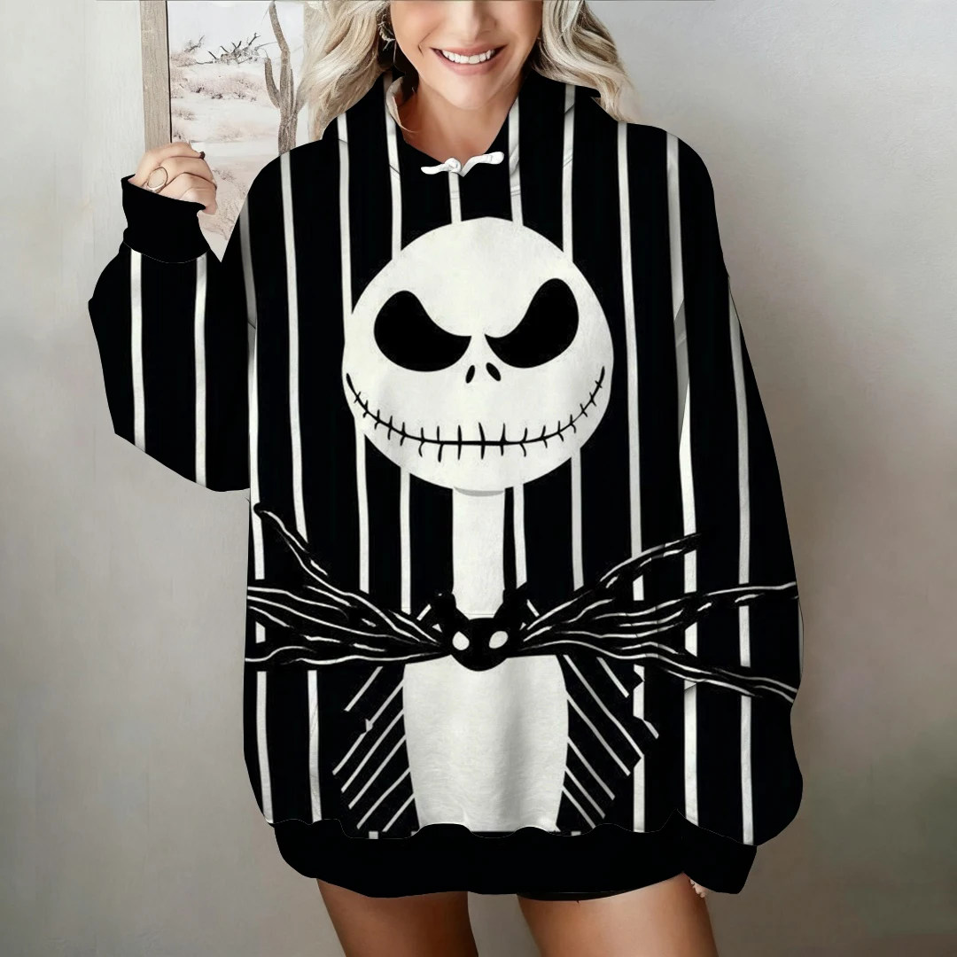هوديي نسائي The Nightmare Before Christmas Jack Skellington طباعة دافئة للخريف والشتاء على طراز الشارع مظهر يومي غير رسمي