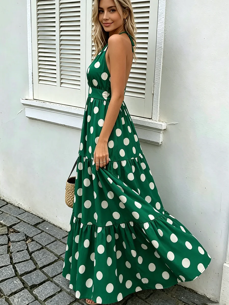 Strandkleid mit Neckholder-Ausschnitt, gestuft, grün-weiß gepunktet, Maxikleid, Sommerkleid für Damen, Urlaub & Alltag – Detail 5