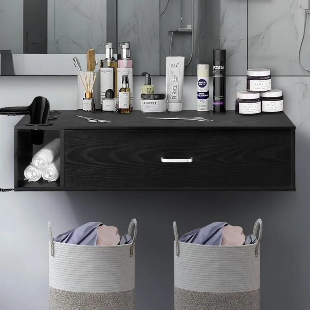 

Wall Mount Salon Station with Drawer, Hair Salon Station Cabinet with Side Open Space, Stylist Salon Station Storage Cabinets